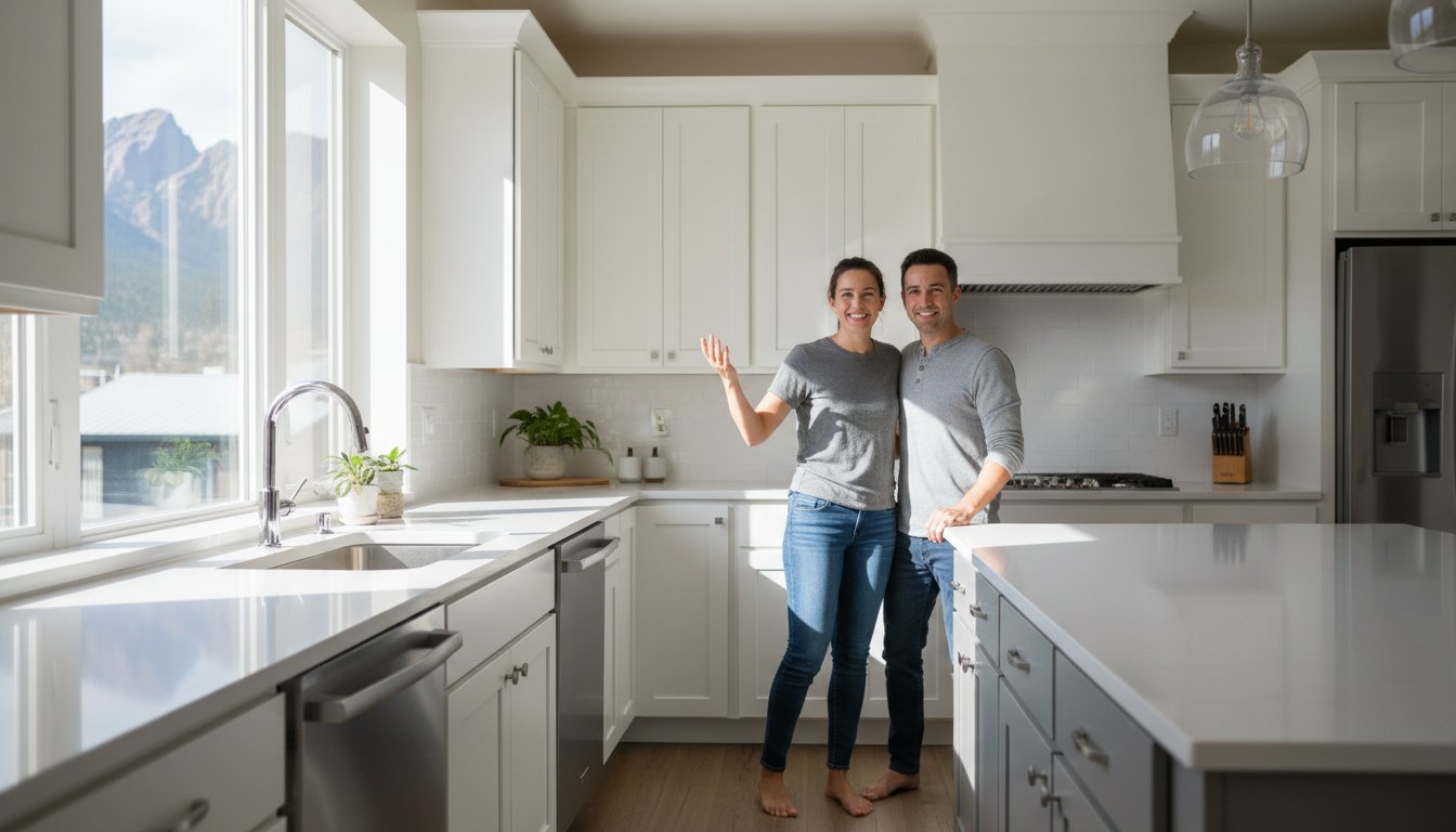 Smiling couple standing barefoot in a bright, modern white kitchen with a large window and mountain view behind them, arms around each other.
