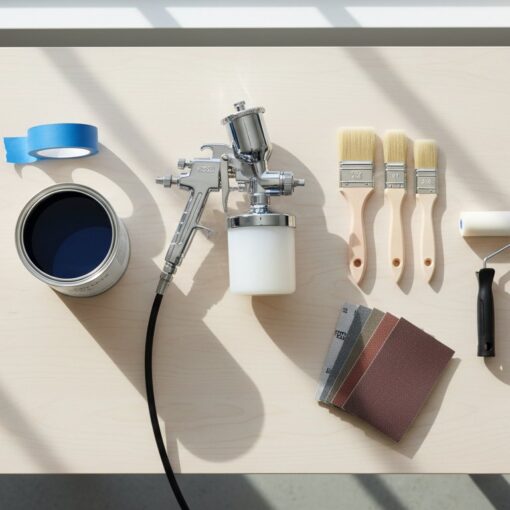 Paint supplies on a light wood table: blue paint can, spray gun with cup, masking tape, three brushes, roller, and color swatches.
