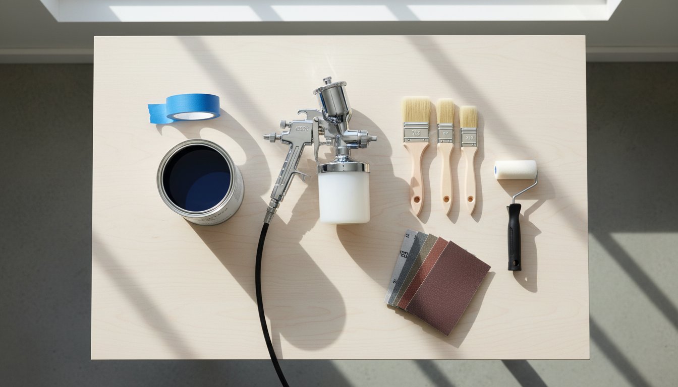 Paint supplies on a light wood table: blue paint can, spray gun with cup, masking tape, three brushes, roller, and color swatches.