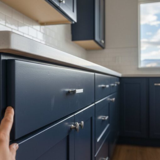 Person's finger points to an open drawer in a modern navy-blue cabinet under a white countertop in a bright kitchen