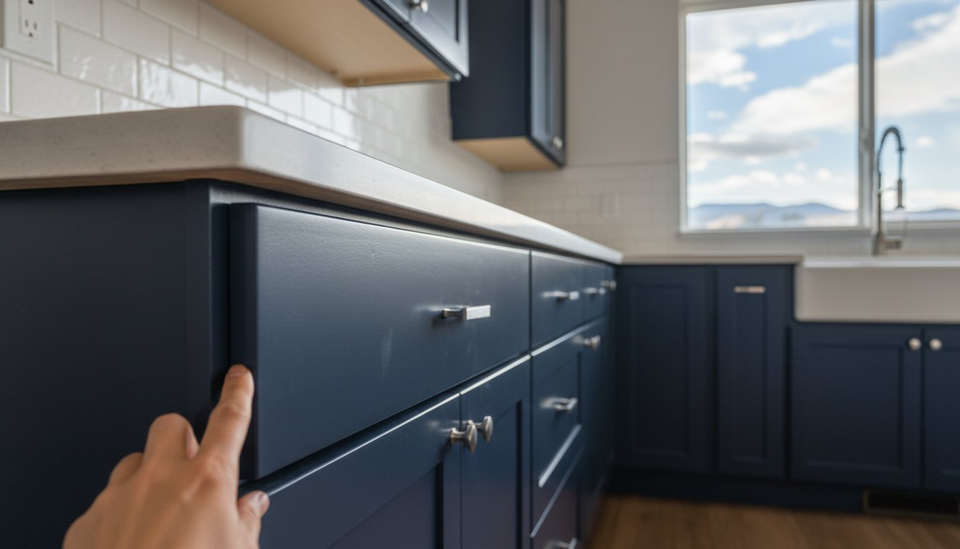 Person's finger points to an open drawer in a modern navy-blue cabinet under a white countertop in a bright kitchen