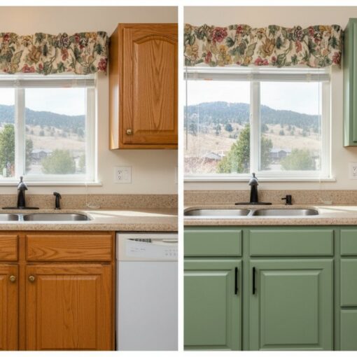Split-screen kitchen: left side with natural wood cabinets, right side with sage green cabinets, both with a window and double sink.