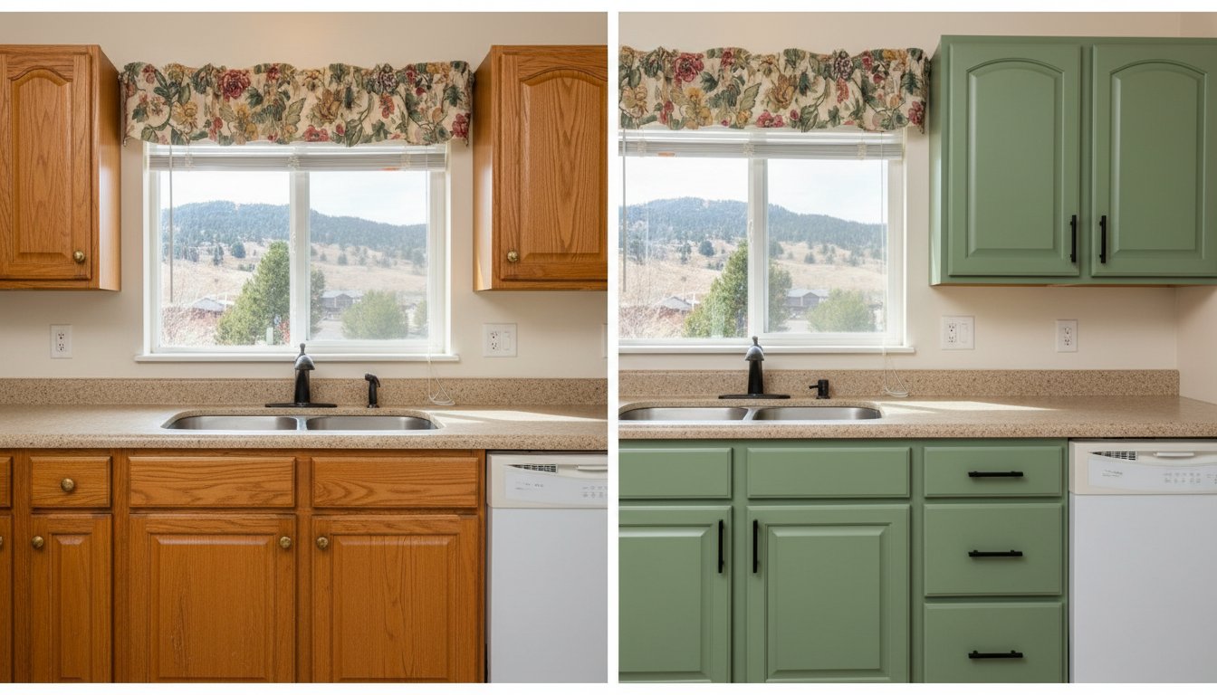Split-screen kitchen: left side with natural wood cabinets, right side with sage green cabinets, both with a window and double sink.